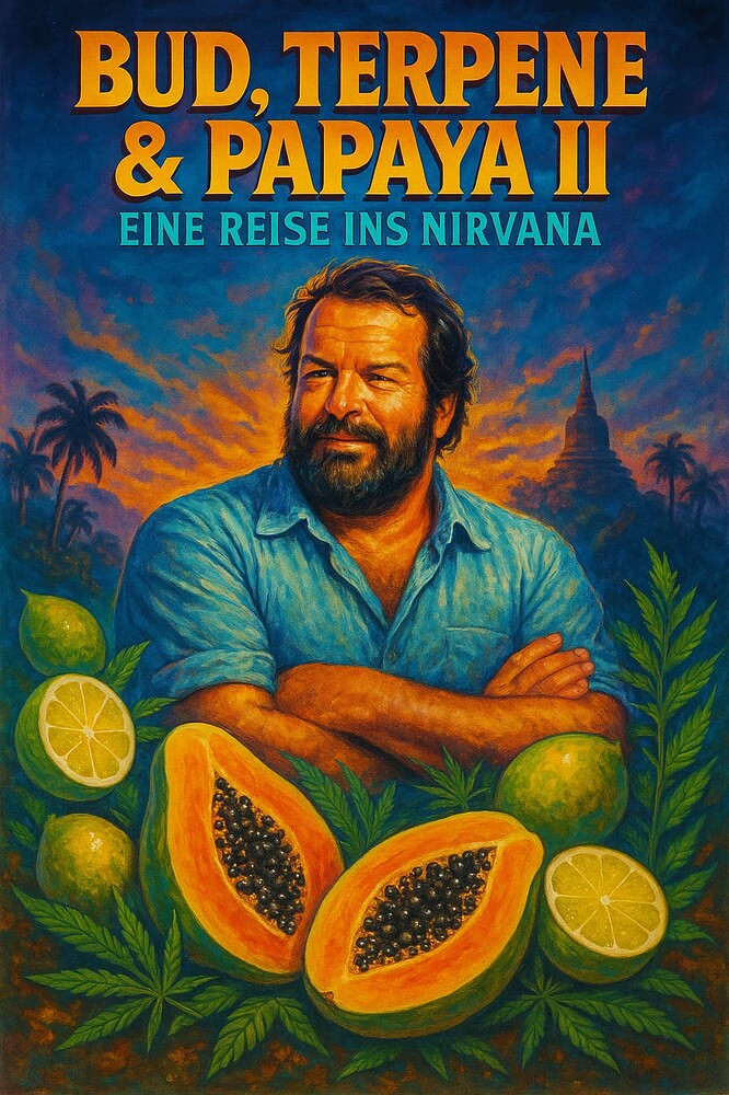 Ein Mann mit Bart und blauem Hemd steht vor einer tropischen Kulisse mit Palmen und einem Tempel. Vor ihm liegen aufgeschnittene Papayas, Limetten und Cannabisblätter.