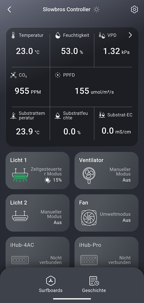 Screenshot einer Grow-Controller-App mit Messwerten für Temperatur, Feuchtigkeit, VPD, CO2, PPFD, Substrattemperatur, Substratfeuchte und Substrat-EC. Außerdem werden die Modi für Licht 1 und Licht 2, Ventilator und Fan angezeigt, sowie Verbindungsstatus für iHub-4AC und iHub-Pro.